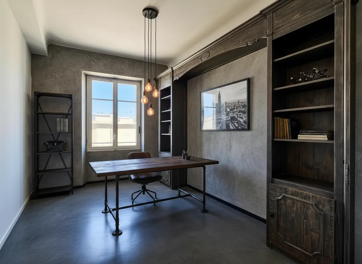 Bureau industriel mural avec étagères métalliques et lampe articulée