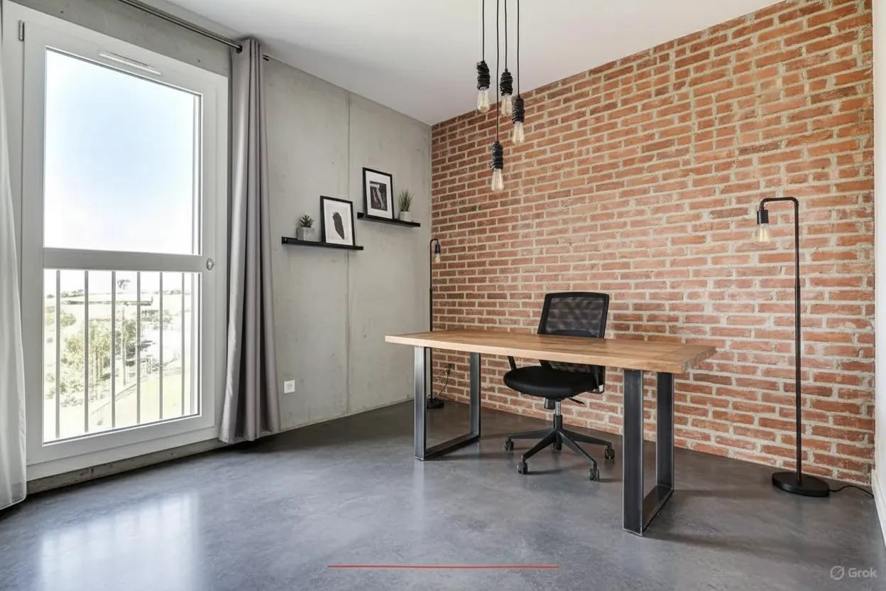 Coin bureau industriel compact avec étagères, bureau suspendu et chaise minimaliste