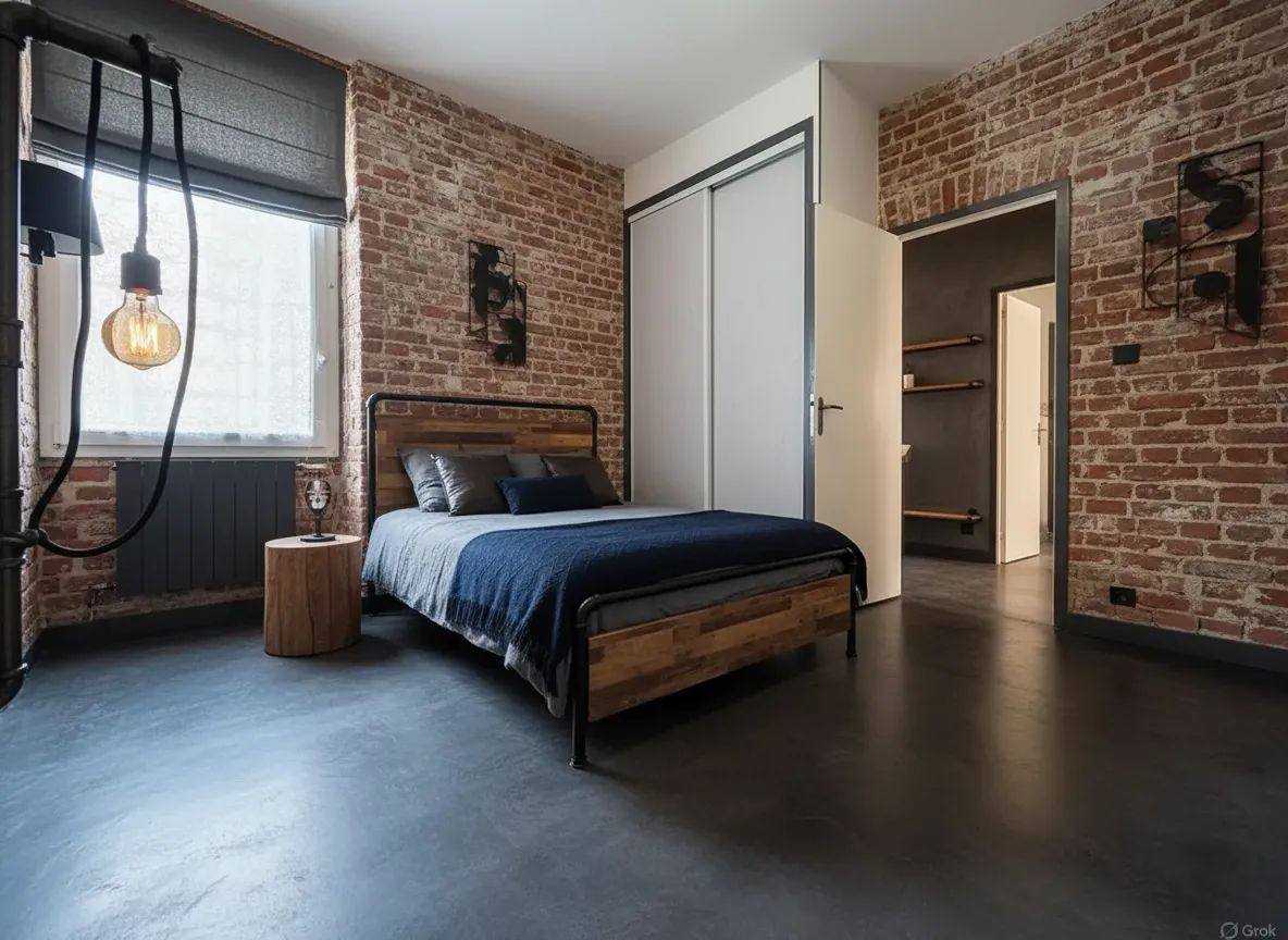 Chambre style industriel avec tête de lit en métal, linge neutre et luminaire suspendu