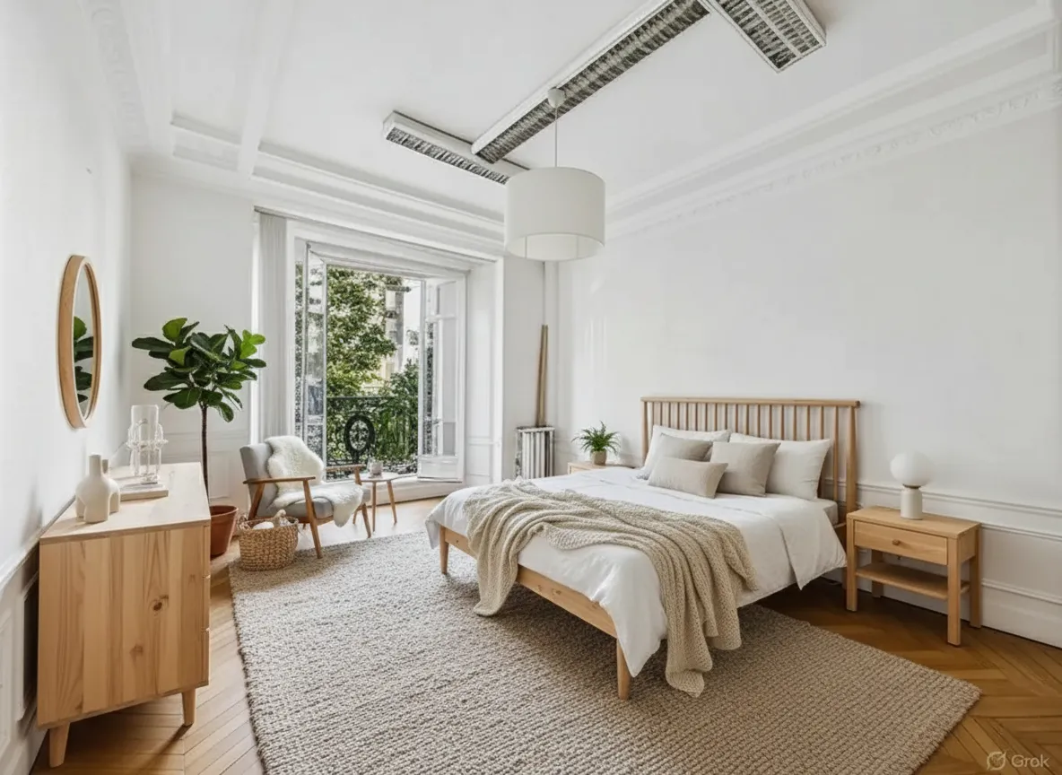 Chambre scandinave épurée avec literie blanche et bois clair