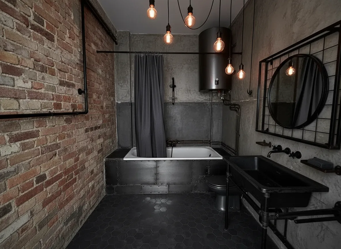Petite salle de bain industrielle avec meuble vasque fin et robinetterie noire