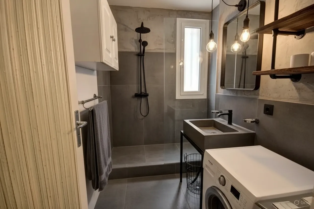 Salle de bain industrielle avec vasque posée et grand miroir