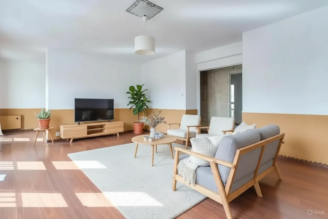 Salon scandinave avec grande fenêtre, canapé clair et table en bois